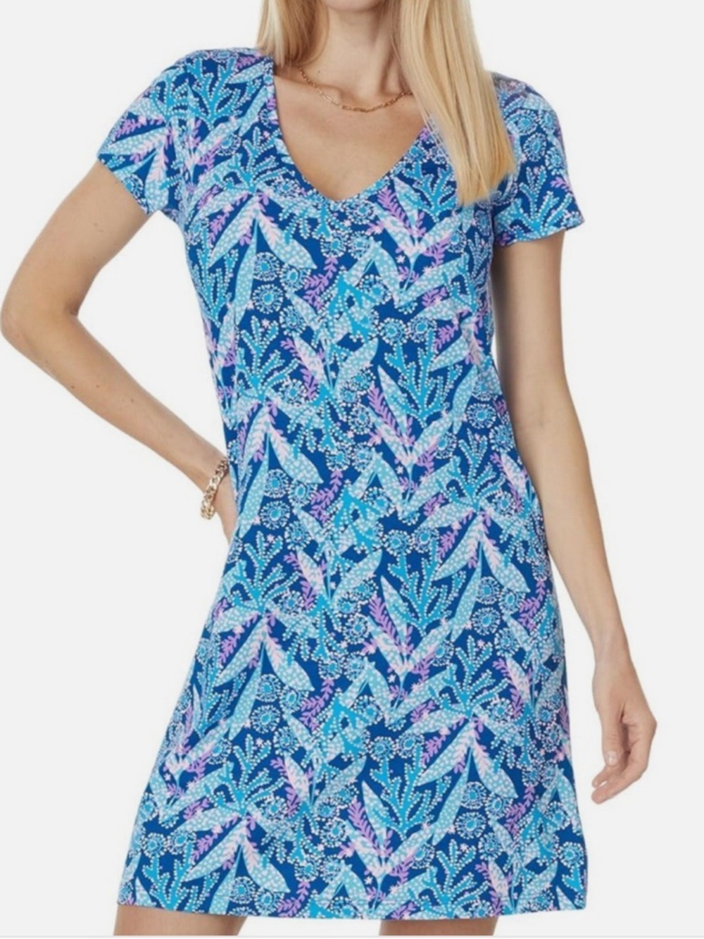 Lilly Pulitzer Blue, Aqua & Purple Printed V-Neck Short Sleeve Midi Dress
